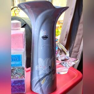 Vintage Blue Gray Ceramic Vase With Gold Trim Iris Floral Fine China Japan